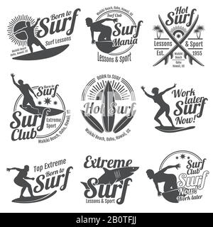 Estate surf sport vettore loghi collezione con surfer, surf board e onda oceano. Sport estivo surf, illustrazione di sport surf badge Illustrazione Vettoriale