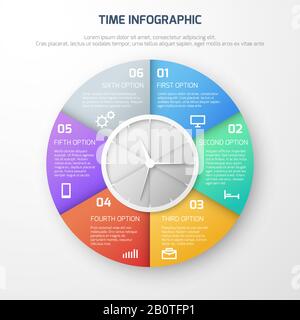 Infografica su vettore di pianificazione temporale con orologio e passi di visualizzazione. Modello infografico rotondo, illustrazione dell'infografica sul tempo di presentazione Illustrazione Vettoriale