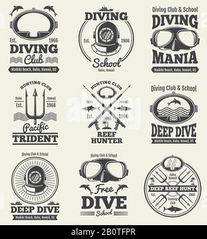 Etichette vettoriali per immersioni subacquee d'epoca. Guarnizione retrò di pesca di punta. Etichetta d'epoca scuba diving, illustrazione emblema immersioni Illustrazione Vettoriale