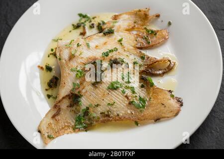 Un'ala di raggio da un raggio del torace, Raja clavata, che è stata cucinata in un modo tradizionale. È stato fritto in una padella di rame con olio d'oliva, burro Foto Stock