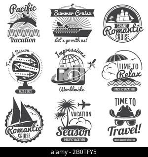 Set di logo vintage Travel Vector. Avventura ed etichetta romantica crociera illustrazione Illustrazione Vettoriale