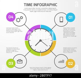 Sfondo del vettore di presentazione con infografica sulla gestione del tempo, orologio e opzioni. Infografica per illustrazione di affari di presentazione Illustrazione Vettoriale