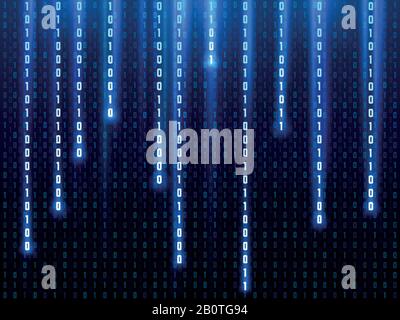 Concetto di vettore di big data con la riduzione dei numeri binari incandescenti. Sfondo del computer a matrice digitale. Matrice binaria digitale virtuale, illustrazione della matrice di codici di dati Illustrazione Vettoriale