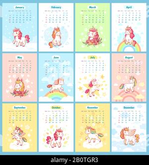 Dolce cute unicorn magico calendario 2019 per i bambini. Unicorni fairy con modello vettore di cartone animato arcobaleno per il design dei calendari Illustrazione Vettoriale