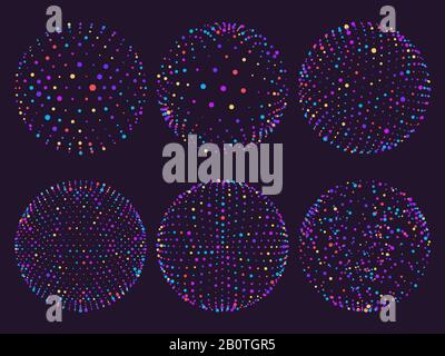 Sfere degli atomi della scienza, sfere dei punti o orbite delle particelle orbite. Geometria 3d Grid Sphere per grafica futuristica o illustrazione astratta vettoriale Illustrazione Vettoriale