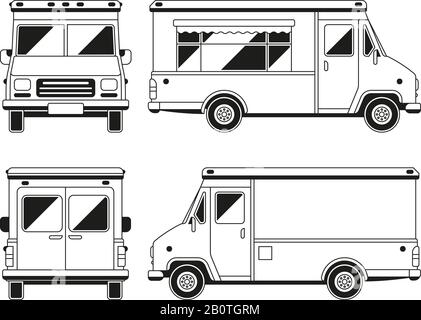 Autocarro alimentare commerciale vuoto in diversi punti di vista. Modello vettoriale di contorno per voi che fa pubblicità. Furgone del veicolo per illustrazione della strada al dettaglio Illustrazione Vettoriale