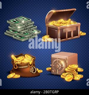 Casino vettore 3d segni e icone di denaro. Dollari, monete d'oro in deposito sicuro e borsa di denaro. Monete d'oro mucchio in scatola, illustrazione di cassa di legno con soldi Illustrazione Vettoriale