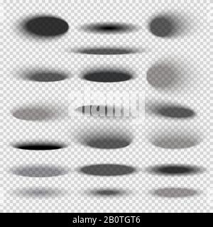 Ombre trasparenti ovali inferiori per qualsiasi modello vettoriale di oggetti rotondi. Raccolta di forme arrotondate, illustrazione della superficie d'ombra nera Illustrazione Vettoriale