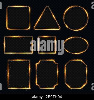 Bordi rettangolari elettrici luminosi al neon dorato. Striscioni rotondi e ovali. Cornice rotonda e rettangolare, illustrazione di cornice quadrata e ovale Illustrazione Vettoriale