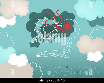 Illustrazione, cartone animato ironico, caricatura. Drago in cielo nuvoloso Spraying ceppo di Coronavirus virus, banner, sfondo. Metodi popolari di lotta Illustrazione Vettoriale