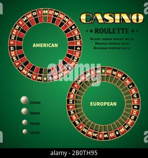 Roulette casinò americano ed europeo ruote di movimento con palla bianca. Vettore Illustrazione modello casino ruota roulettes Illustrazione Vettoriale