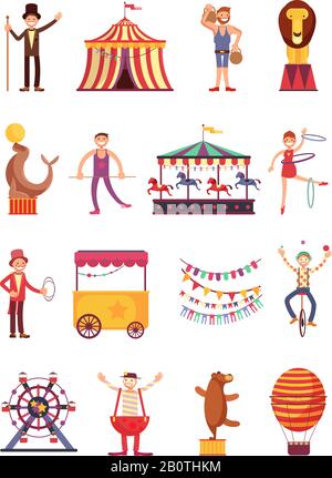 Personaggi divertenti per cartoni animati di Carnevale e circo. Giostra fair e parco divertimenti Elements raccolta vettoriale. Cartone animato da circo di Carnevale, illustrazione di palloncini d'aria e clown Illustrazione Vettoriale