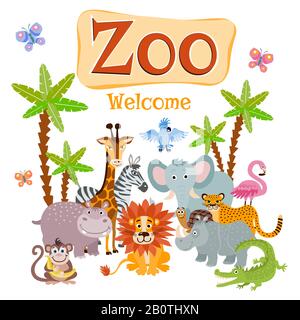 Zoo vettore illustrazione con animali selvatici di safari cartone animato. Banner di benvenuto zoo, animali selvatici zoo rinoceronte e fenicottero Illustrazione Vettoriale