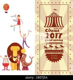 Divertente fiera carnevale e circo vintage vettore poster. Banner tenda da circo di Carnevale, illustrazione di intrattenimento poster Illustrazione Vettoriale