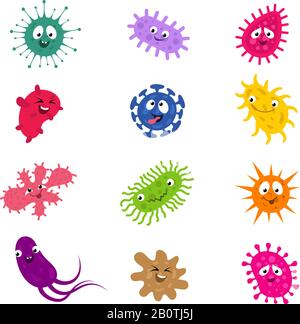 Cartoni animati divertenti batteri e germi. Caratteri vettoriali microbo virus cartoon e illustrazione di infezione Illustrazione Vettoriale