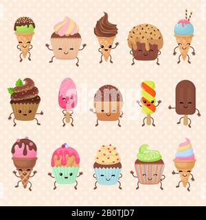 Divertente cupcake vettoriale e gelato dessert personaggi. Dessert di torta di cibo, cartone animato dolce deliziosa illustrazione di torta Illustrazione Vettoriale