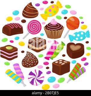 Caramelle di frutta colorate e dolci al cioccolato icone piatte in cerchio design. Dolce snack caramella cioccolato, illustrazione di dolce gustoso caramello lecca pop Illustrazione Vettoriale