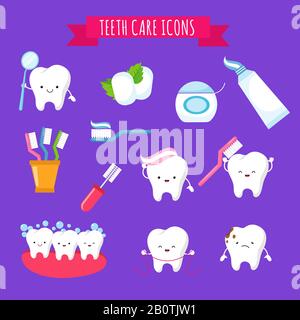 Denti spazzolatura e cura dentale cute cartoni animati icone per i bambini. Denti divertenti con spazzolino e dentifricio. Spazzolatura e igiene denti, illustrazione vettoriale Illustrazione Vettoriale