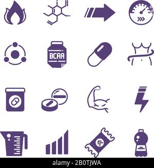 Lo sport integra il potere, proteine e vitamina sport nutrizione vettori icone. Nutrizione sportiva per il potere, proteine e vitamine per l'illustrazione di idoneità Illustrazione Vettoriale