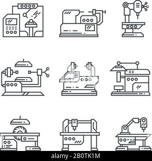 Macchine industriali icone della linea vettoriale. Simbolo delle macchine utensili di fabbrica. Macchina per l'industria, illustrazione di macchine per attrezzature Illustrazione Vettoriale