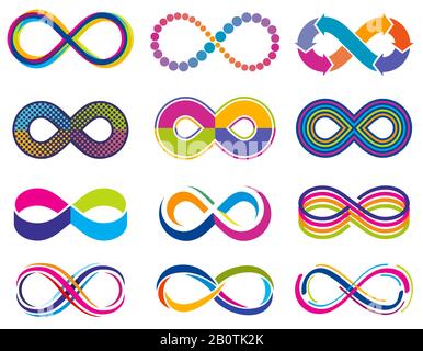 Simboli vettoriali infinity loop mobius senza fine. Eternity icone. Icona ciclo eternità, illustrazione del simbolo infinito Illustrazione Vettoriale