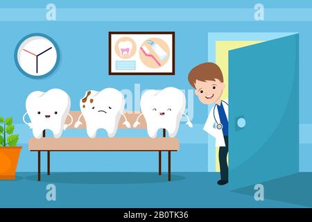 Sano bocca vettore concetto bambini. Denti in sala d'attesa dentista. Persona dentista in ospedale, illustrazione di stomatologia sanitaria Illustrazione Vettoriale