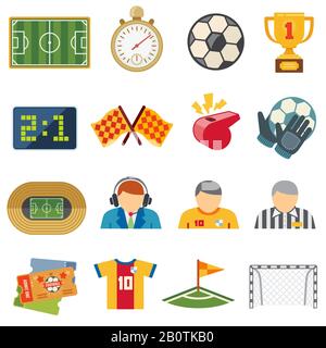 Sport di calcio piatto vettore icone. Simboli di partita di calcio. Squadra di calcio, trofeo e illustrazione del biglietto Illustrazione Vettoriale