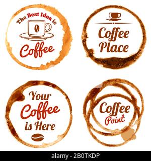 Set di etichette e loghi vettoriali per macchie di caffè. Illustrazione della tazza del cerchio del caffè Illustrazione Vettoriale