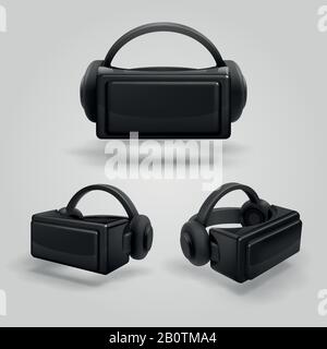 Visore e occhiali stereoscopici per la realtà virtuale. Occhiali vr realistici e illustrazione vettoriale delle cuffie. Cyber mask in vetro per il gioco in vr Illustrazione Vettoriale