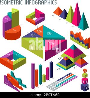 Diagrammi vettoriali 3d isometrici e grafici per la presentazione delle informazioni infografica e aziendale. Modello grafico e diagramma, grafico Web 3d a colori e illustrazione grafica Illustrazione Vettoriale