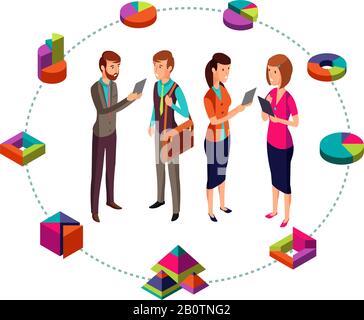 Isometrico business analyst vettore moderno concetto con uomini d'affari team e 3d grafici. Personale del team aziendale, grafico a colori e illustrazione grafica Illustrazione Vettoriale