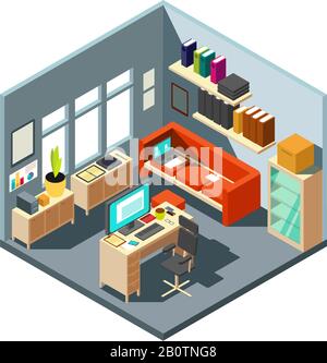 Interni isometrici per l'ufficio domestico. 3d spazio di lavoro con computer e mobili. Sala ufficio isometrica con computer e tavolo con illustrazione della sedia Illustrazione Vettoriale