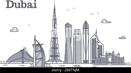 Dettagliata linea di dubai vettore città con grattacieli. UAE punto di riferimento skyline. Architettura dubai grattacielo in stile lineare illustrazione Illustrazione Vettoriale