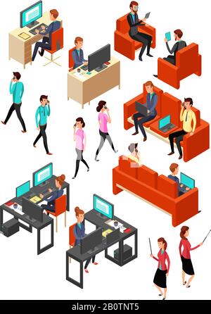 Isometrico business Office persone networking. Set di vettori per persone professionali 3d isolate. Ufficio aziendale con illustrazione dei dipendenti Illustrazione Vettoriale