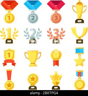Premio di conquista, trofeo grande, icona medaglia risultati. Set di icone vettoriali per medaglie d'oro, d'argento e di bronzo Illustrazione Vettoriale