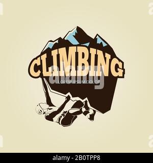 Logo vintage mountane climbling con persona. Spedizione di arrampicata con emblema, illustrazione vettoriale Illustrazione Vettoriale