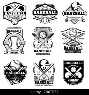 Design del logo vintage Sports. Etichetta vettore di baseball retro e badge. Illustrazione di baseball dell'emblema, logo di gioco con palla e pipistrello Illustrazione Vettoriale