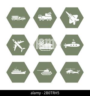 Set di icone per il trasporto militare - icone militari design. Trasporto dell'esercito per la guerra, illustrazione vettoriale Illustrazione Vettoriale