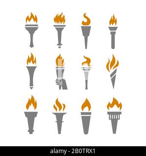 Torcia da fuoco con set di icone piatte a fiamma. Raccolta di simboli in fiamme, illustrazione vettoriale Illustrazione Vettoriale