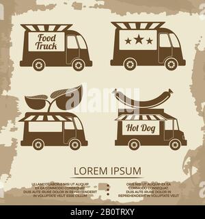 Set di carrelli per alimenti - poster vintage con camion con salsiccia e stella. Illustrazione del vettore Illustrazione Vettoriale