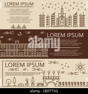 Banner orizzontali modello con line art città paesaggio. Banner architettonico con illustrazione a casa Illustrazione Vettoriale