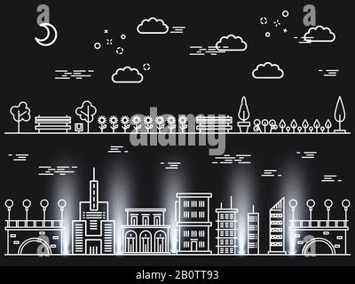 Line Art paesaggi concetti su sfondo nero - linea parco città e centro. Illustrazione del vettore Illustrazione Vettoriale