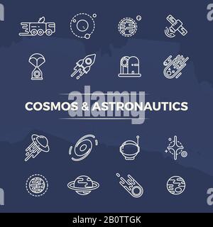 Icone di linea COSMOS e astronautica - pianeti, spazio, concetto di linea razzi. Icone scientifiche dell'illustrazione del set Illustrazione Vettoriale