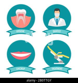 Icone dentali con medico, sorriso, denti e sedia medicinale. Simbolo del dente dell'impianto, illustrazione vettoriale Illustrazione Vettoriale