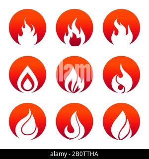 Icone piatte bianche per il fuoco con design rosso rotondo. Raccolta delle canta di fiamma. Illustrazione del vettore Illustrazione Vettoriale