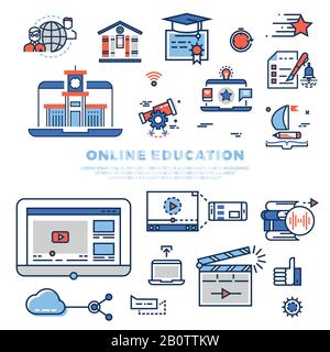 Formazione online icone linea colorata e infografiche isolato su sfondo bianco. Istruzione scolastica e universitaria. Illustrazione del vettore Illustrazione Vettoriale