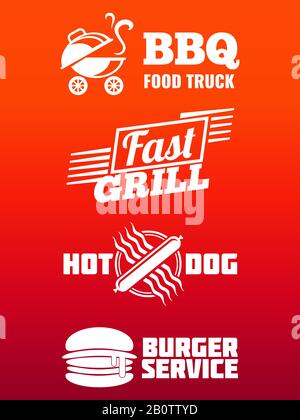 Collezione etichette fast food - bbq, fast food e hamburger banner design. Fregio fast food grill. Illustrazione del vettore Illustrazione Vettoriale