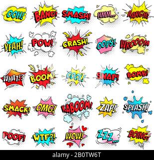 Un'esclamazione che presenta i segni comic sulle bolle del discorso. Cartone animato crash, pow, bomba, wham, oops e cool comic segno vettore set Illustrazione Vettoriale