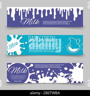 Design di modelli di striscioni freschi di latte con schizzi di latte o yogurt. Yogurt da latte. Illustrazione del vettore Illustrazione Vettoriale