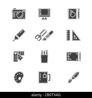 Icone della linea degli strumenti di disegno grafico, creativo e di Statonery di Office. Design grafico creativo cancelleria, illustrazione vettoriale Illustrazione Vettoriale